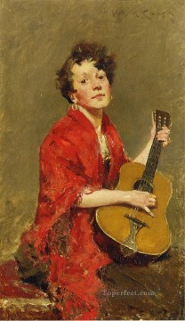 William Merritt Chase Painting - Girl with Guitar William Merritt Chase
